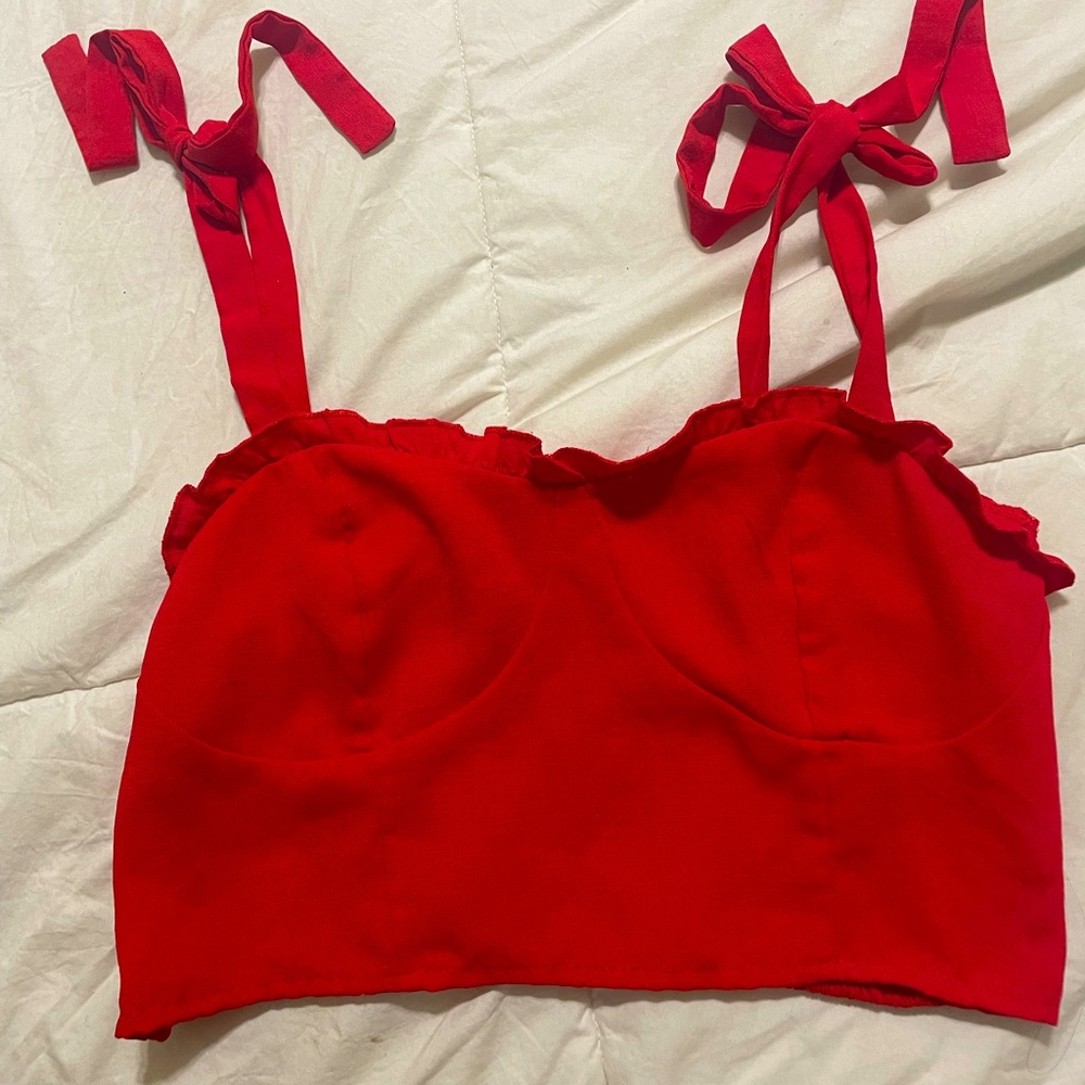 red bustier top with tie straps